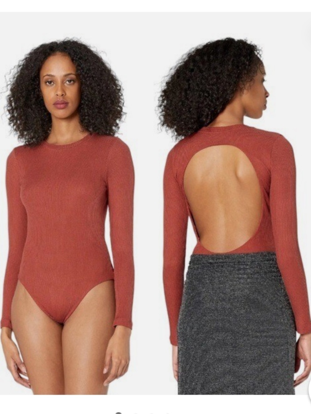 All Saints Molly Ribbed Open-Back Bodysuit in Rust